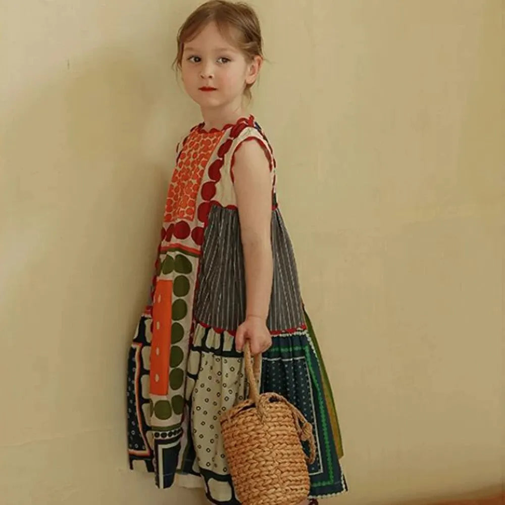Girl wearing Bear Leader Girls Summer Dress Round Neck Sleeveless Multicolor Geometric Dress holding straw bag