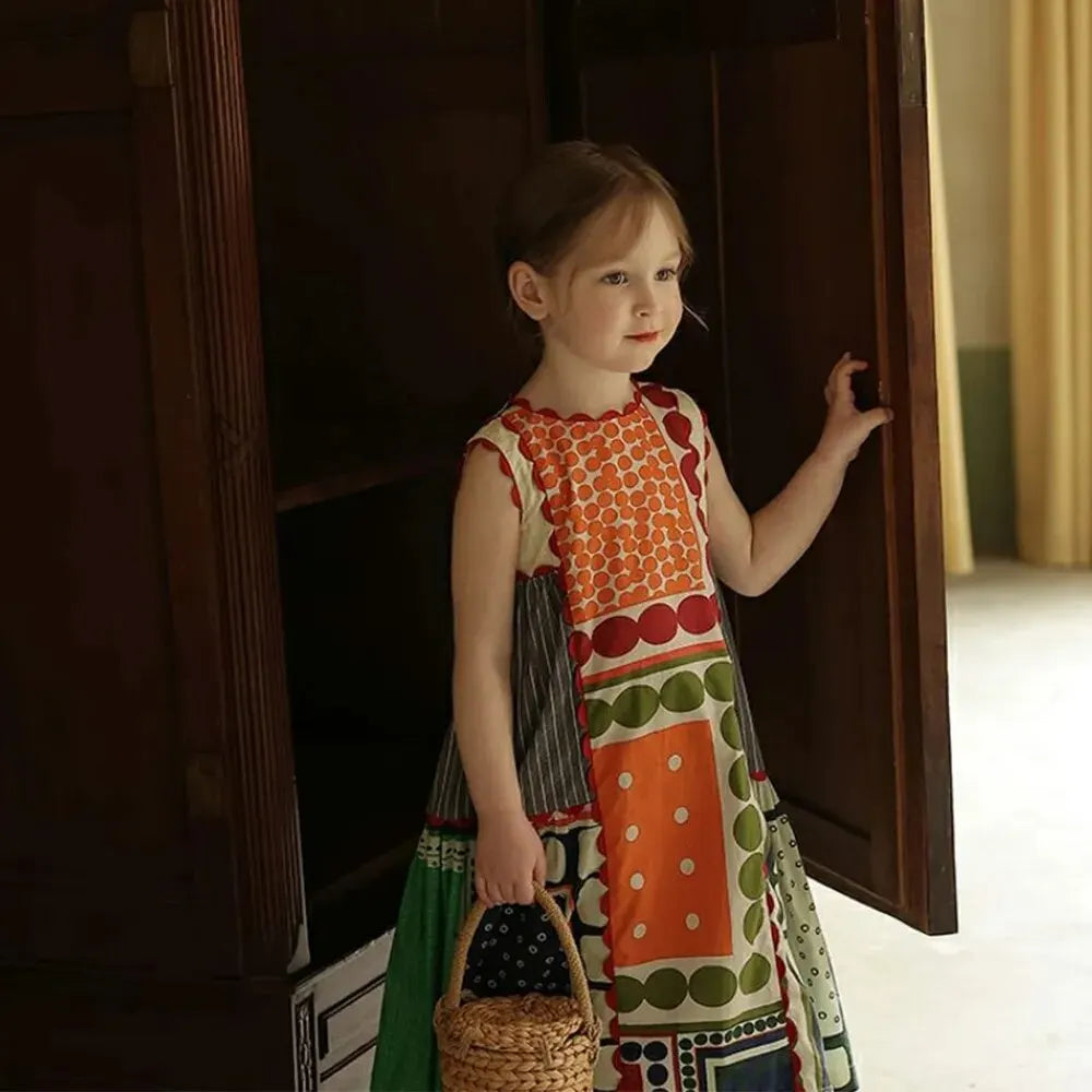 Bear Leader Girls Summer Dress Round Neck Sleeveless Multicolor Geometric Dress worn by a young girl holding a wicker basket
