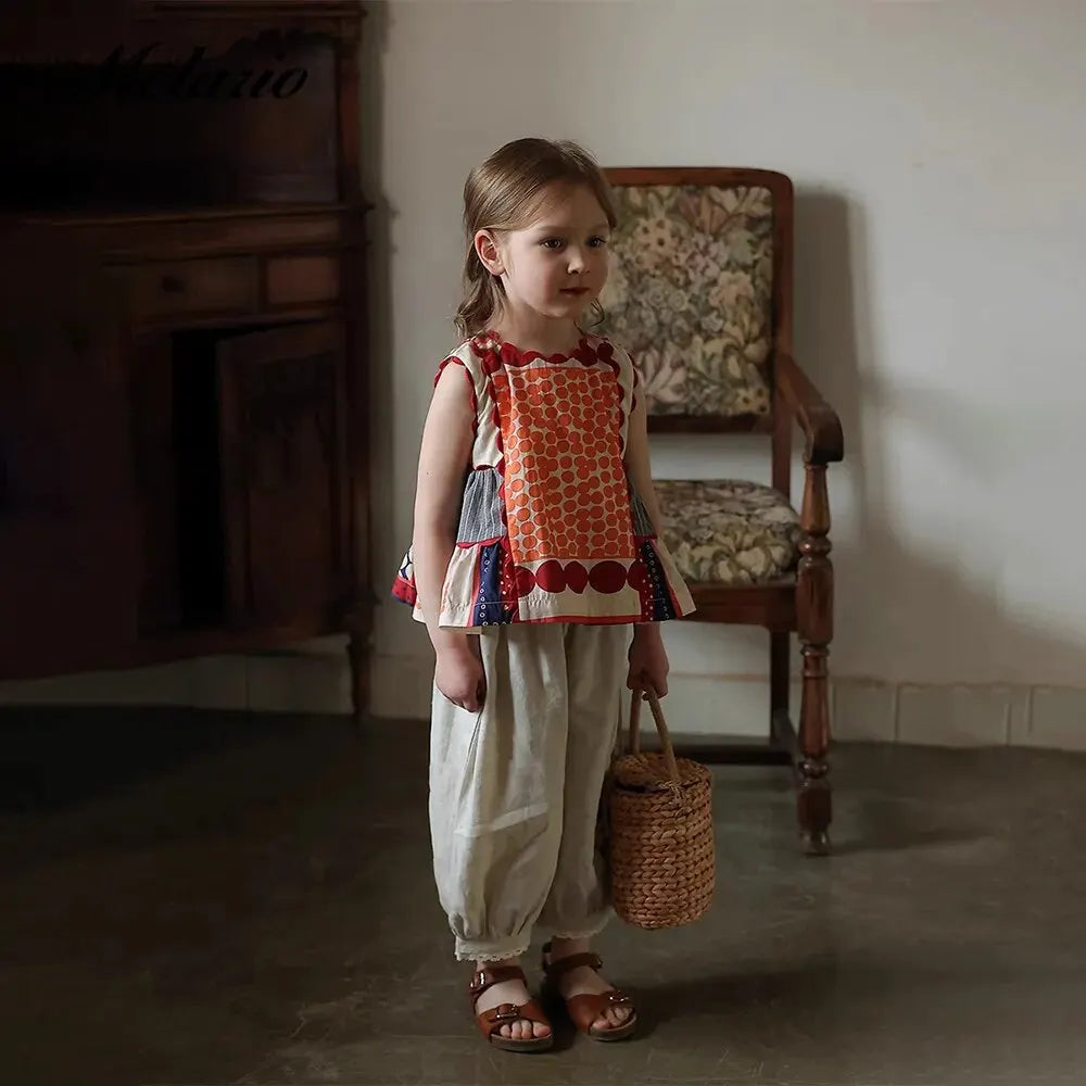 Bear Leader Girls Summer Dress Round Neck Sleeveless Multicolor Geometric Dress worn by a little girl holding a wicker basket indoors