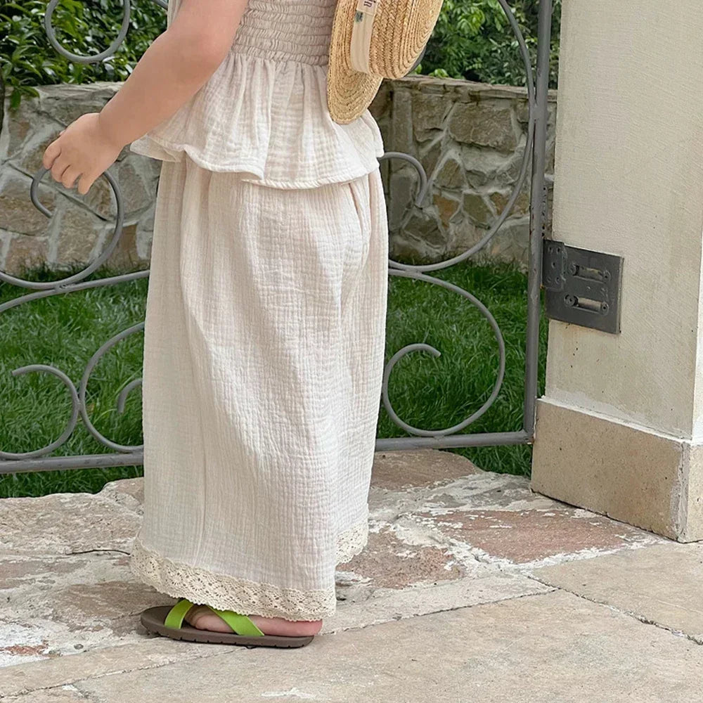 Korean Kids Summer Organic Cotton Girls Camisole Top with Lace Wide Leg Pants cream outfit