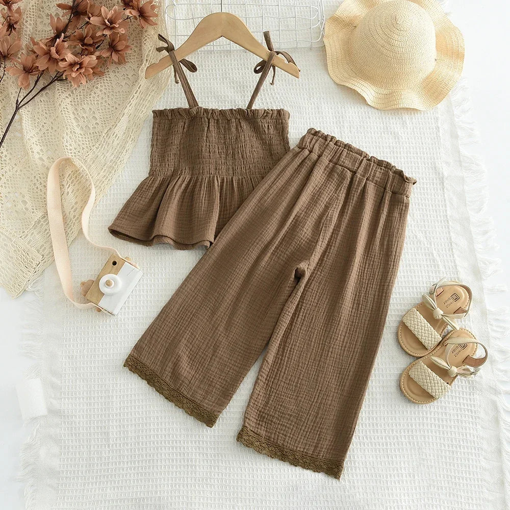Korean Kids Summer Organic Cotton Girls Camisole Top with Lace Wide Leg Pants set in brown with sandals and a sunhat