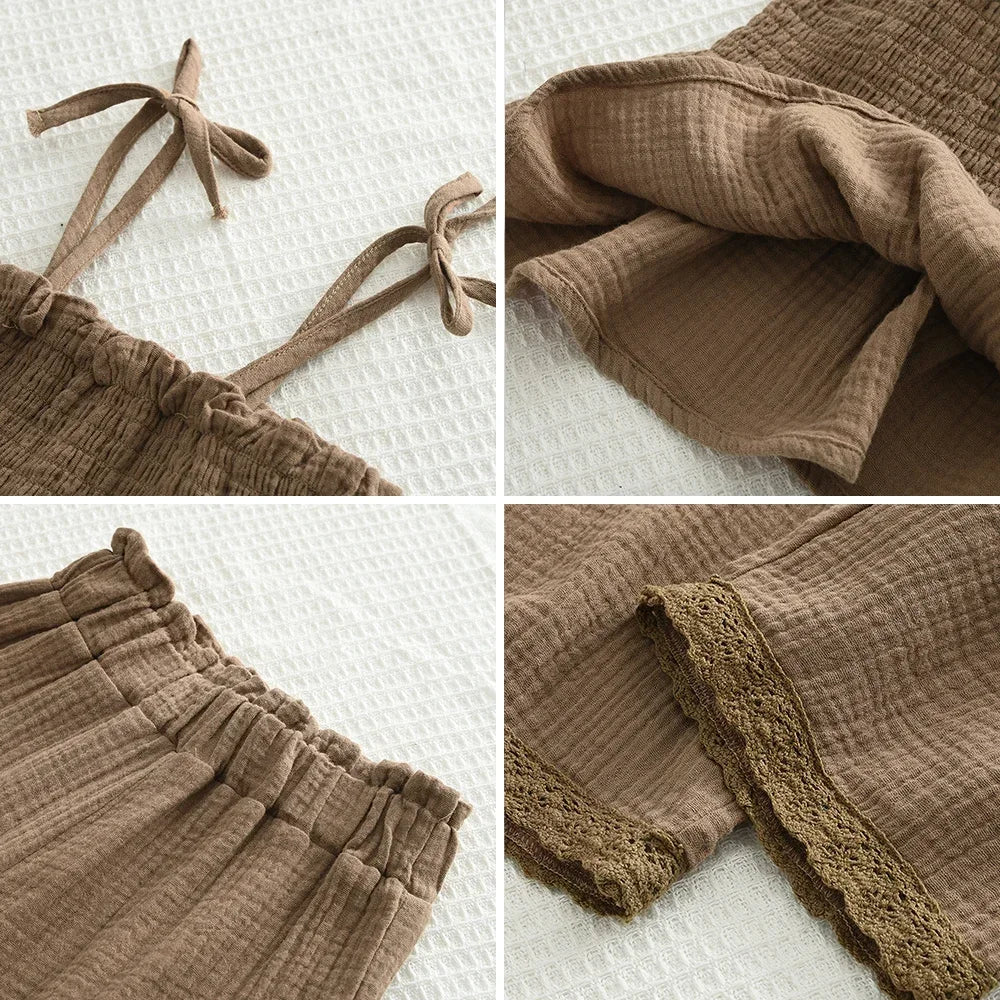 Close-up details of Korean Kids Summer Organic Cotton Girls Camisole Top with Lace Wide Leg Pants in brown fabric