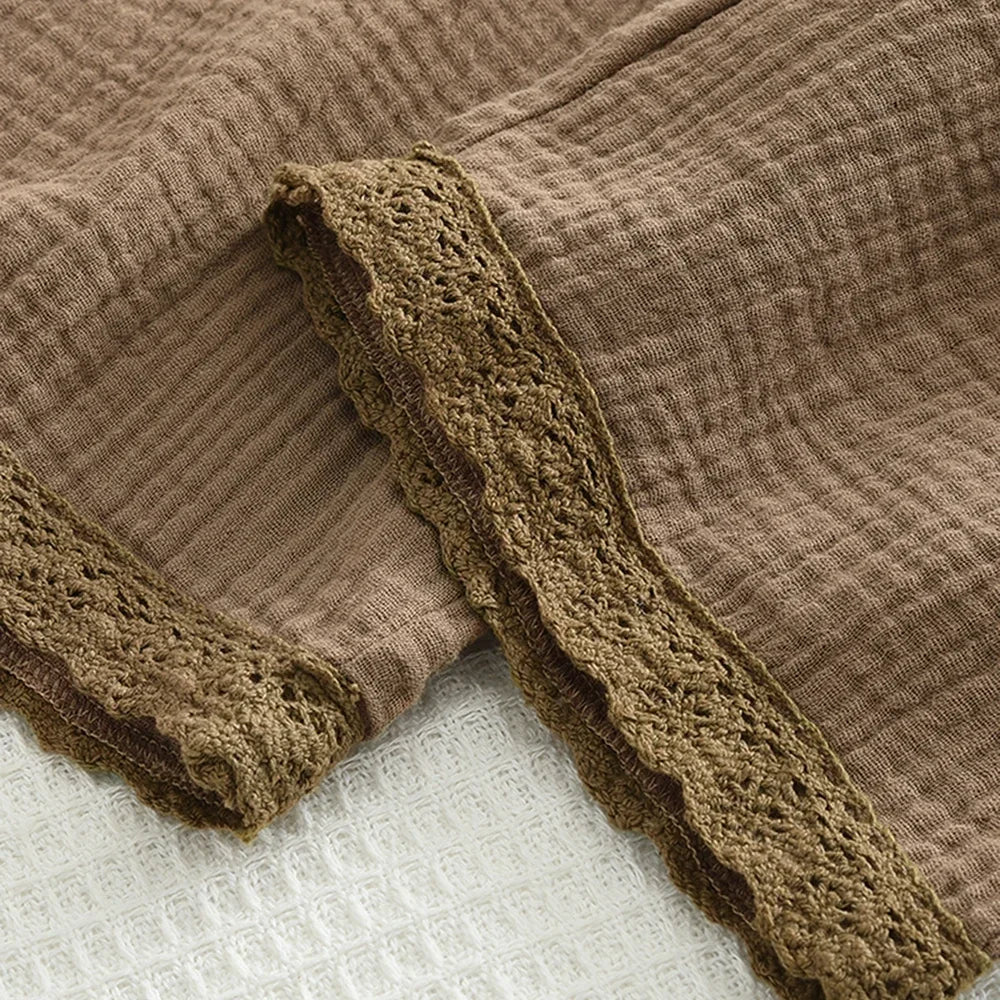 Close-up of brown lace detail on Korean Kids Summer Organic Cotton Girls Camisole Top with Lace Wide Leg Pants
