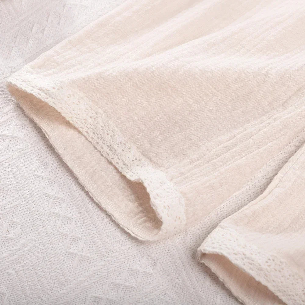 Close-up of Korean Kids Summer Organic Cotton Girls Camisole Top with Lace Wide Leg Pants soft fabric and lace trim
