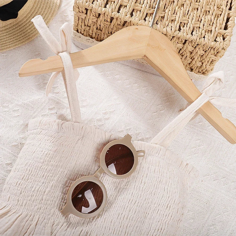 Korean Kids Summer Organic Cotton Girls Camisole Top with Lace Wide Leg Pants in cream color on wooden hanger