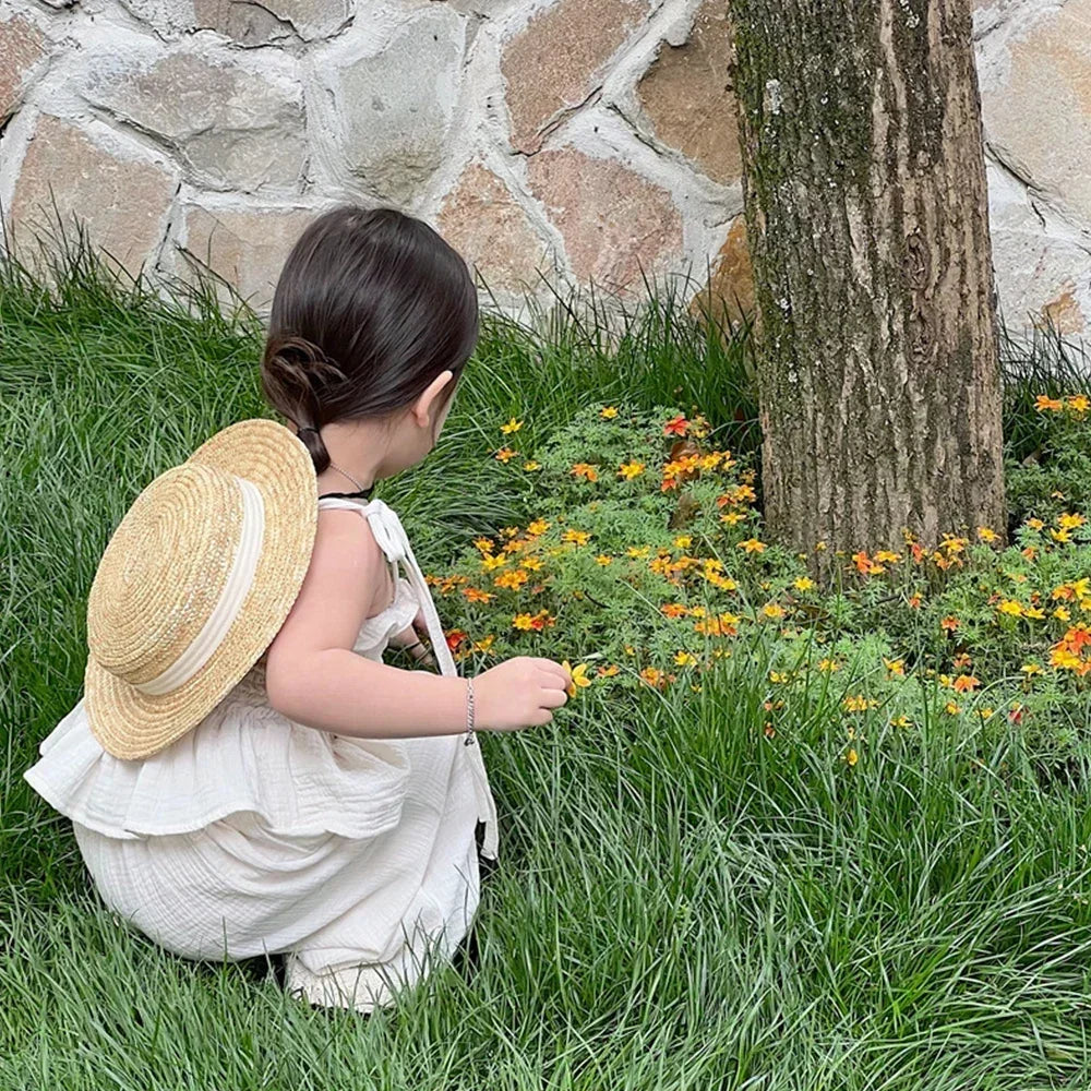 Korean Kids Summer Organic Cotton Girls Camisole Top with Lace Wide Leg Pants worn by child playing outdoors