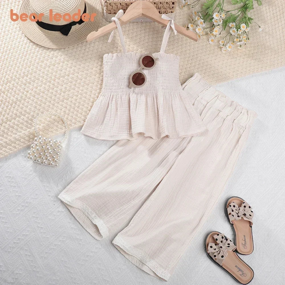 Korean Kids Summer Organic Cotton Girls Camisole Top with Lace Wide Leg Pants in light beige set