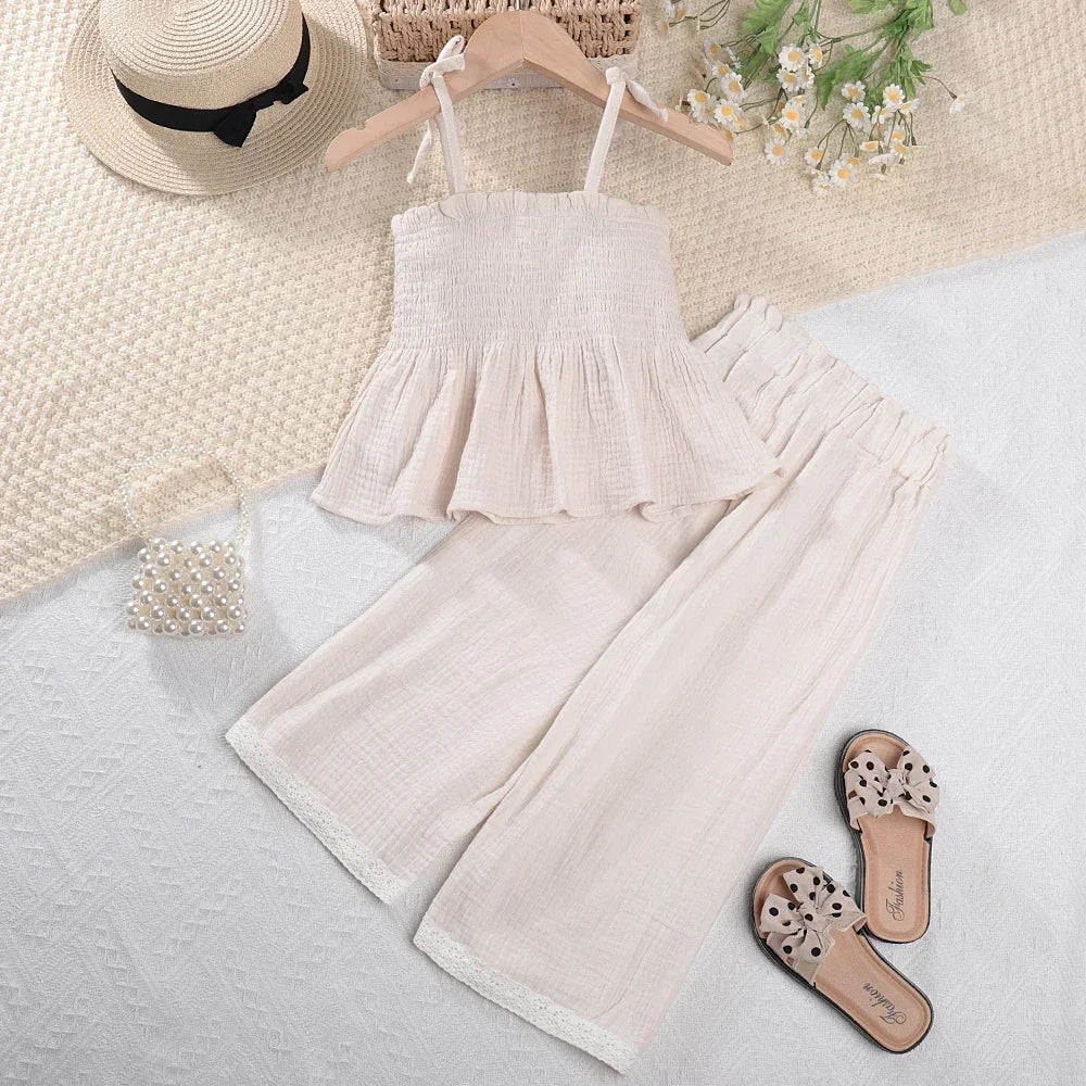 Korean Kids Summer Organic Cotton Girls Camisole Top with Lace Wide Leg Pants set in light beige with matching sandals and accessories