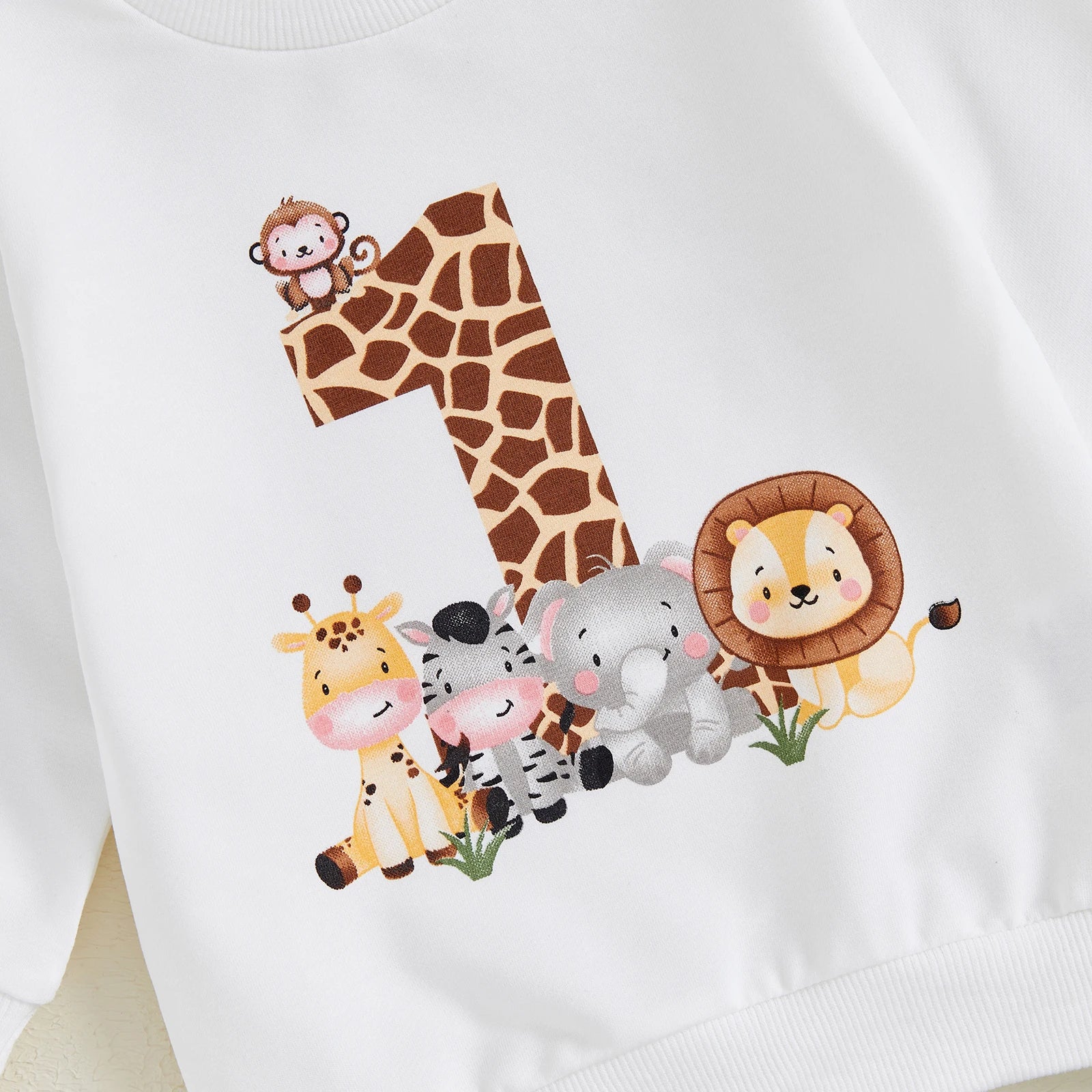 BeQeuewll Toddler Fall Suit Animal Print Sweatshirt & Pants First Birthday Set with cute animal number one design