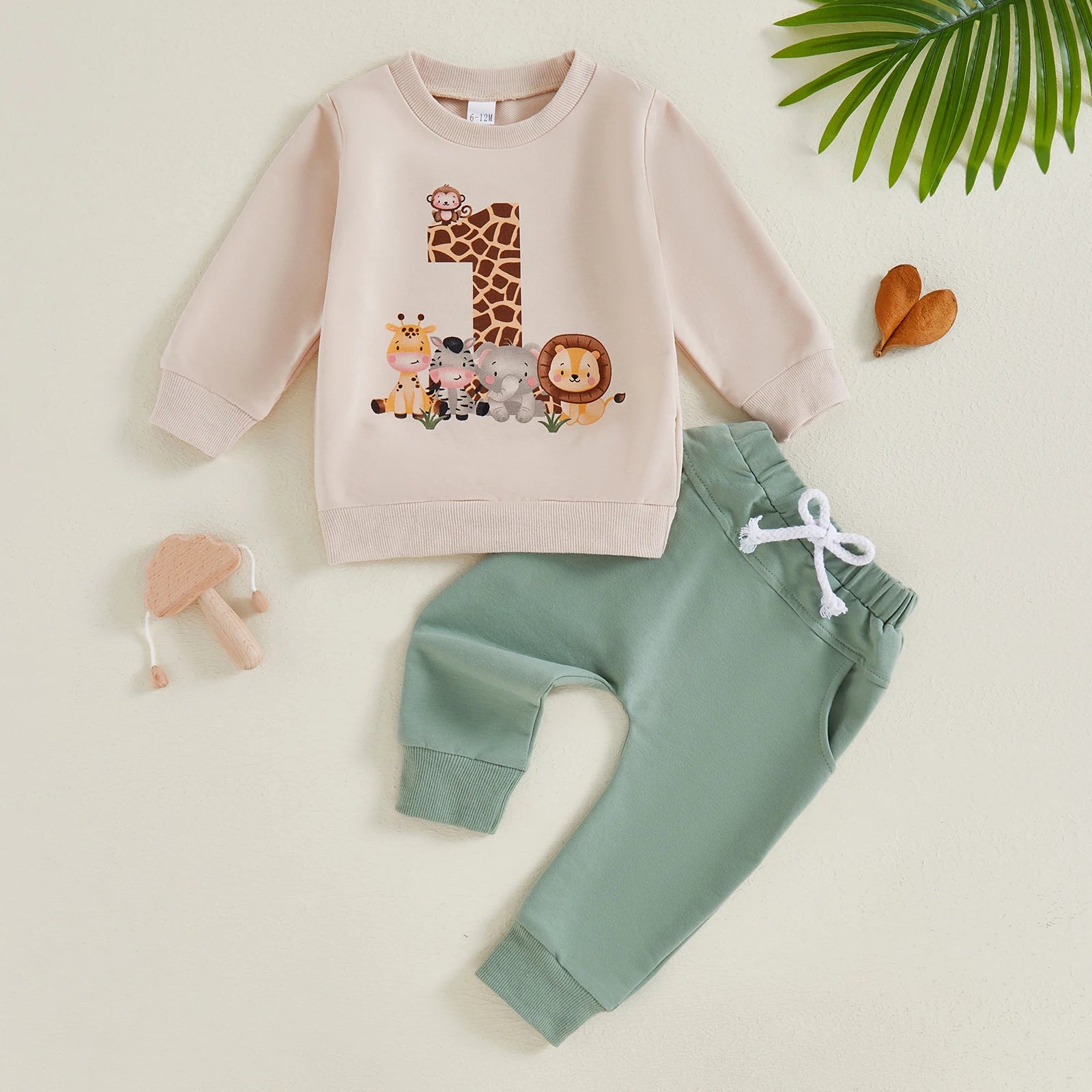 BeQeuewll Toddler Fall Suit Animal Print Sweatshirt and Pants First Birthday Set in beige and green
