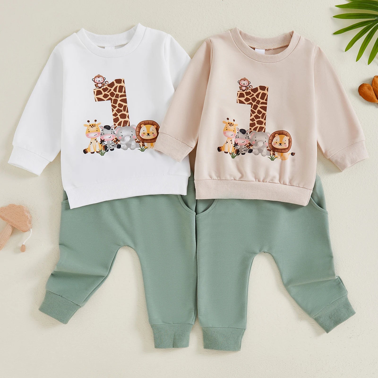 BeQeuewll Toddler Fall Suit Animal Print Sweatshirt and Pants First Birthday Set in white and beige