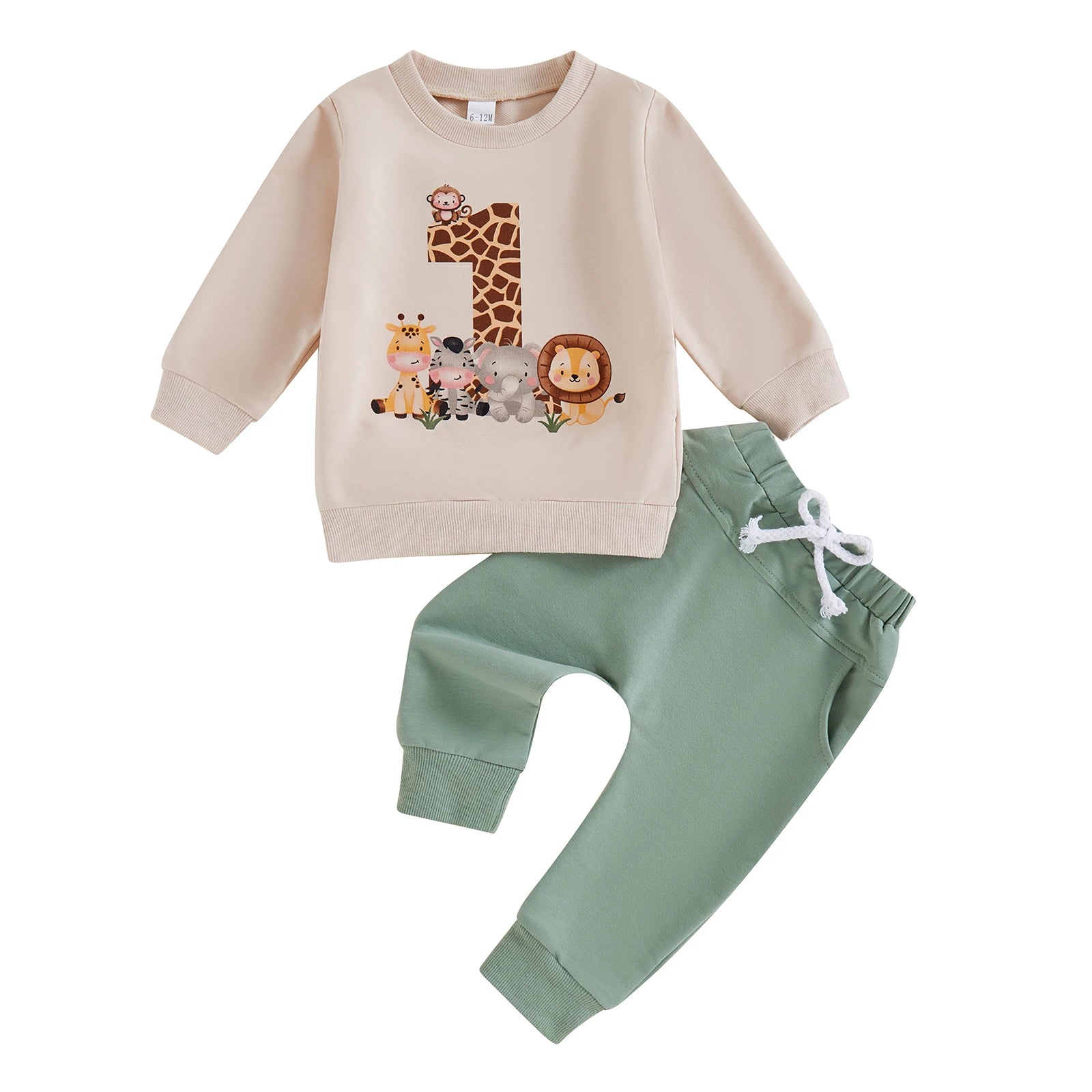 BeQeuewll Toddler Fall Suit Animal Print Sweatshirt and Pants First Birthday Set with giraffe and lion design