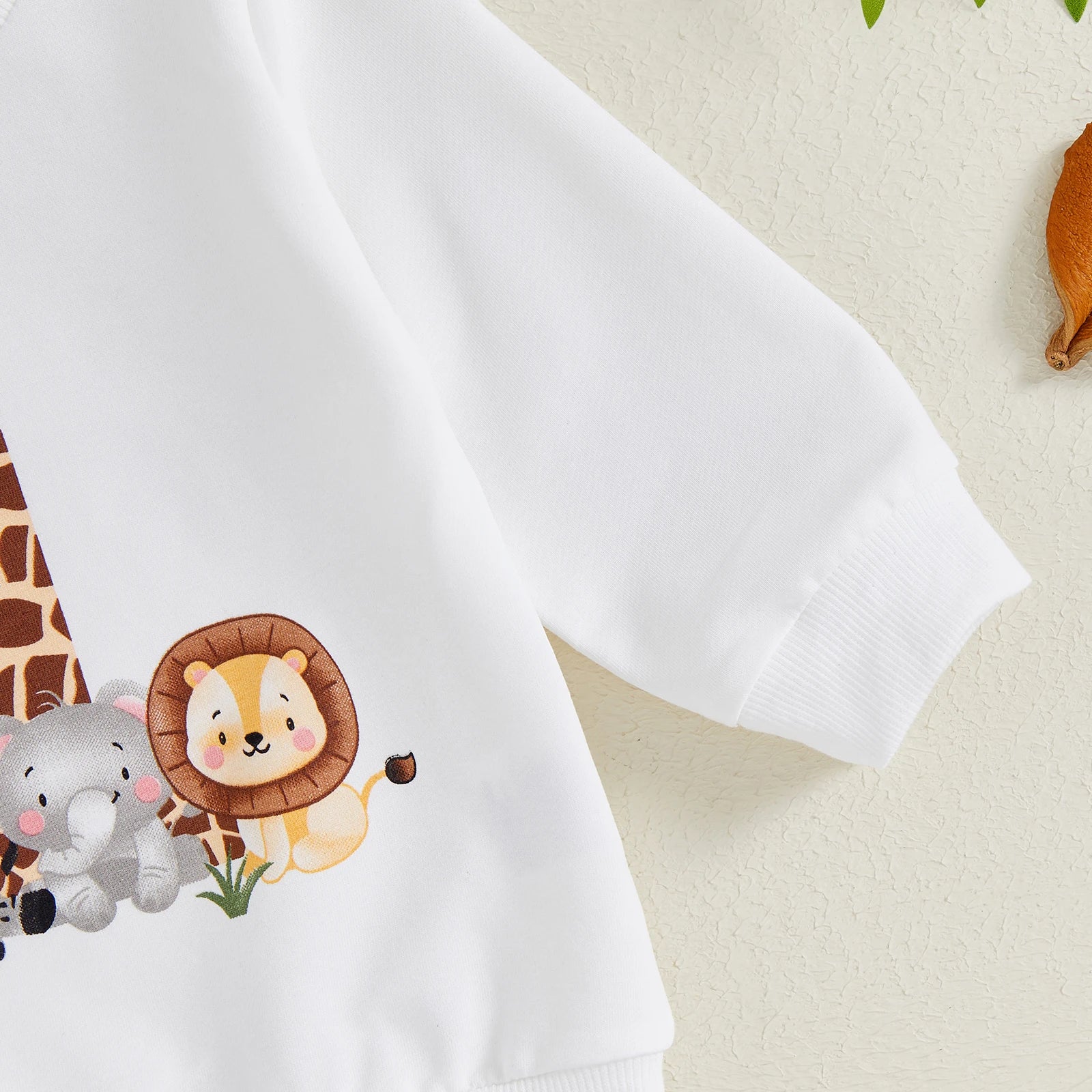 BeQeuewll Toddler Fall Suit Animal Print Sweatshirt & Pants First Birthday Set with lion and elephant animal designs