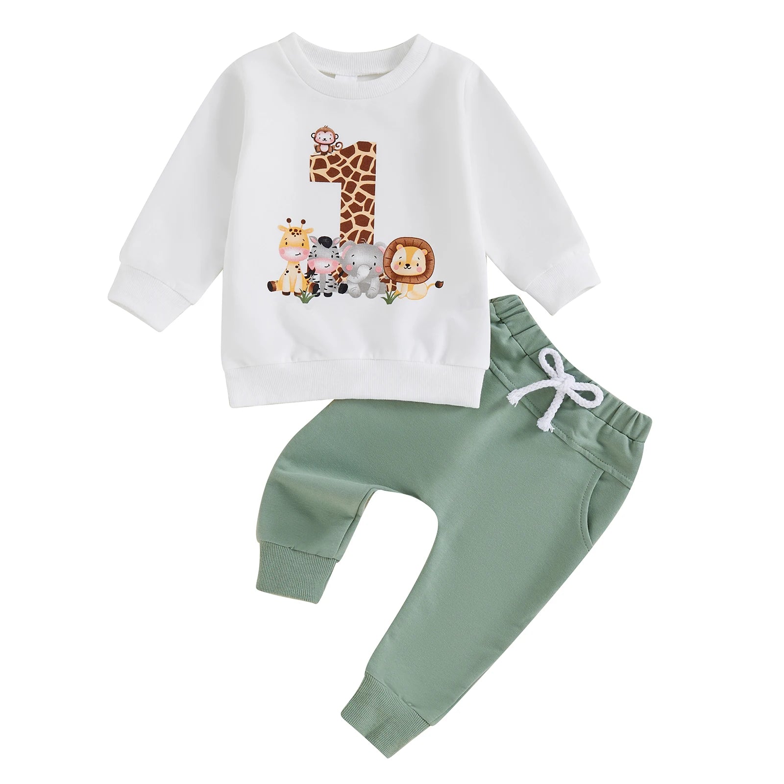 BeQeuewll Toddler Fall Suit Animal Print Sweatshirt and Pants First Birthday Set with cute animal designs