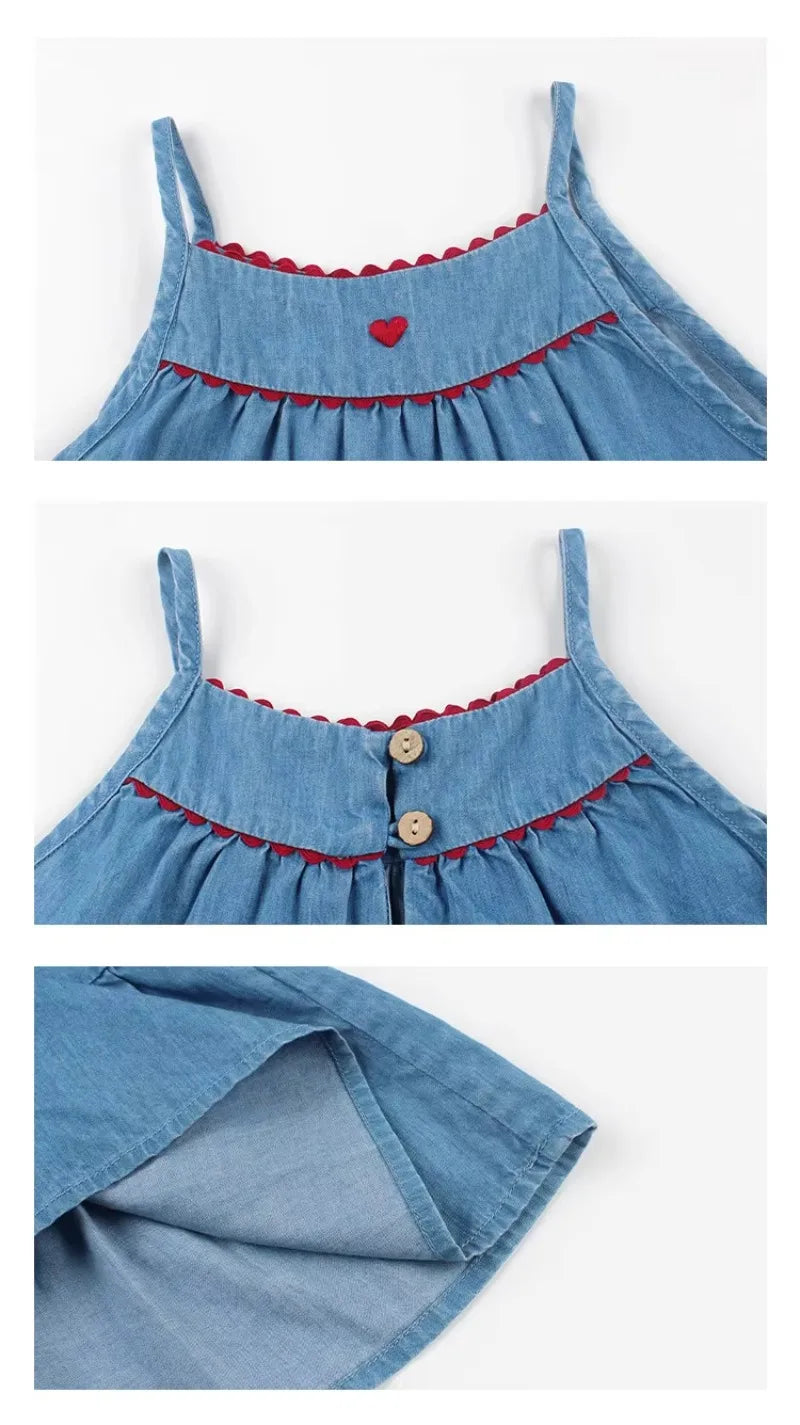 Blue Sleeveless Casual Dress Beach Party Dress for Kids with red trim and button details by Yamza Tots' Closet