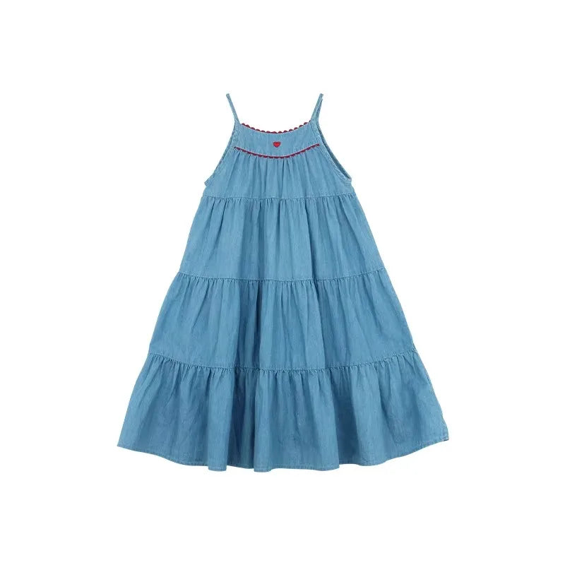 Blue Sleeveless Casual Dress Beach Party Dress for Kids with tiered skirt and red heart detail