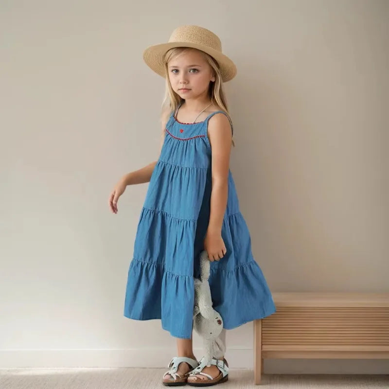Blue Sleeveless Casual Dress Beach Party Dress for Kids worn by girl with straw hat holding stuffed toy