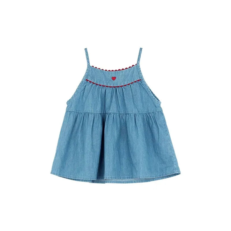 Blue Sleeveless Casual Dress Beach Party Dress for Kids with red heart detail and adjustable straps