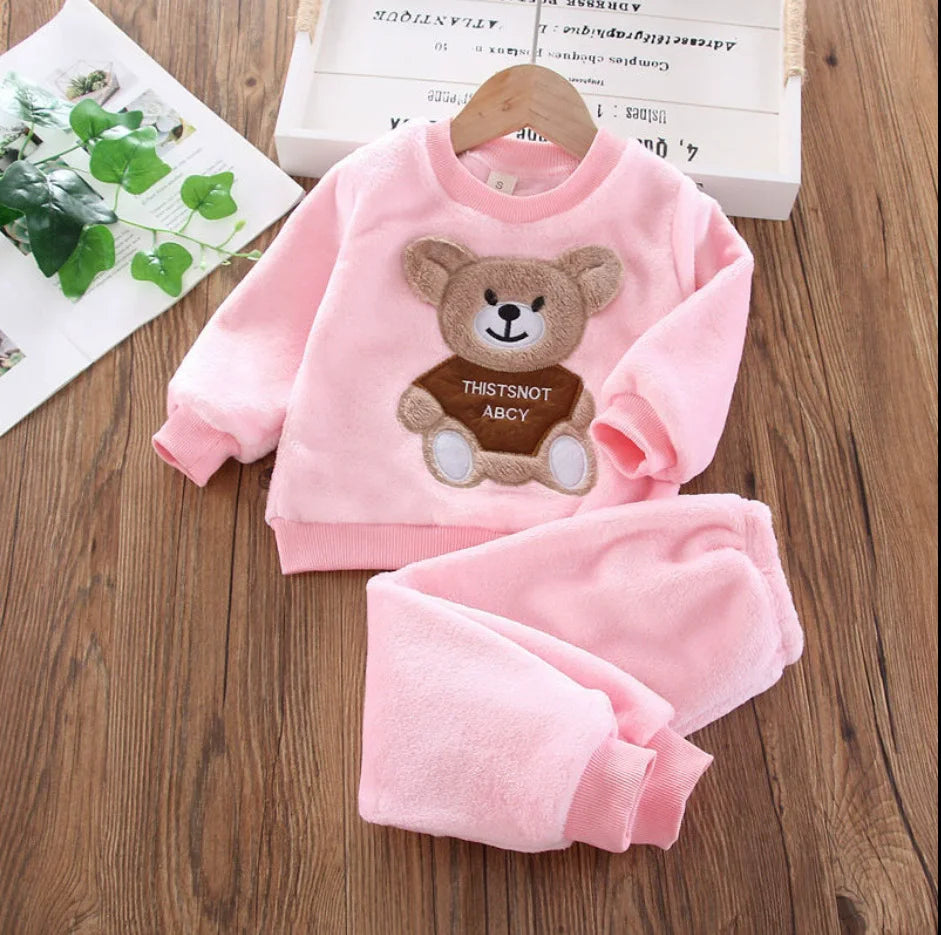Boys Autumn Winter Suit Vest Top Pants 3PCS Warm Cartoon Print Casual Wear in pink with teddy bear design