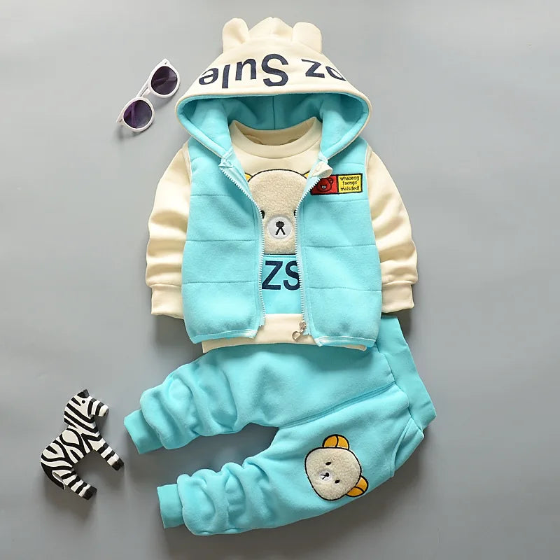 Boys Autumn Winter Suit Vest Top Pants 3PCS warm cartoon print casual wear in blue and cream