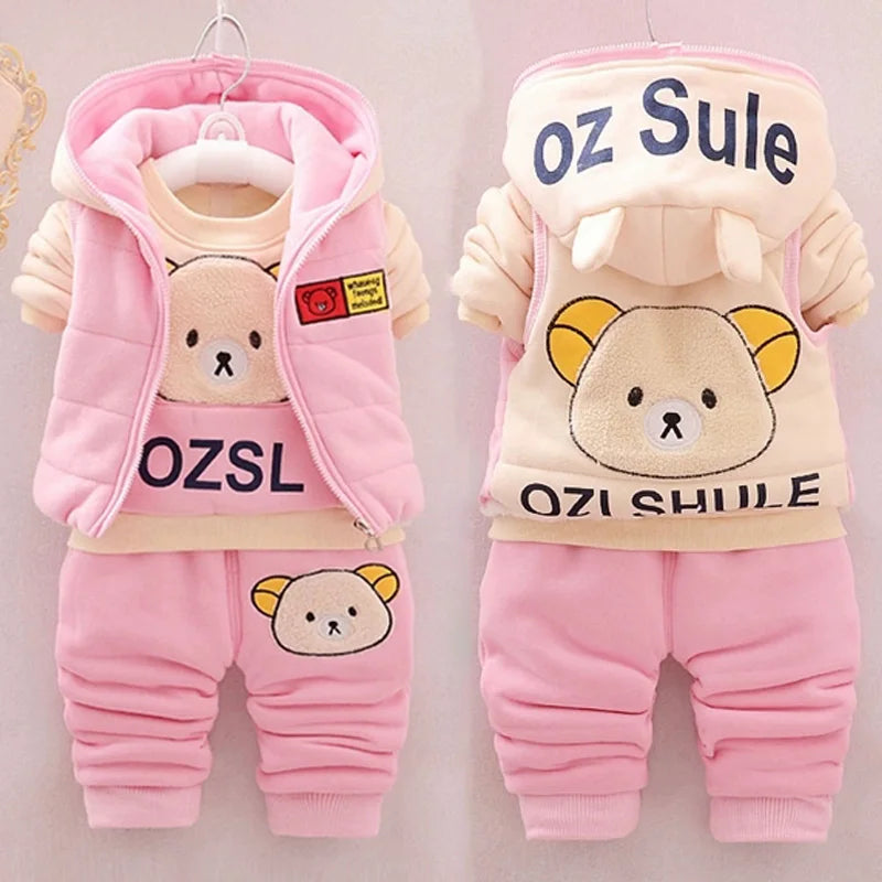 Boys Autumn Winter Suit Vest Top and Pants 3PCS Warm Cartoon Print Casual Wear in pink with bear design