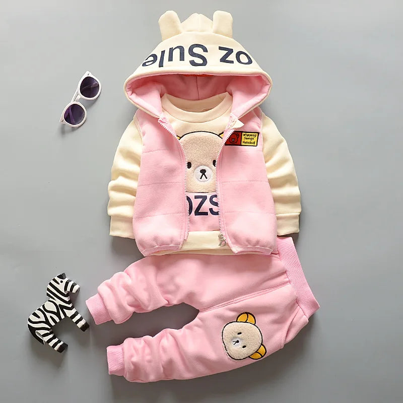 Boys Autumn Winter Suit Vest Top Pants 3PCS Warm Cartoon Print Casual Wear in pink and cream with bear design