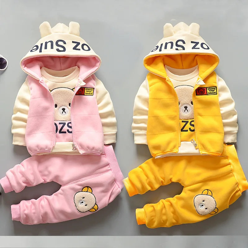 Boys Autumn Winter Suit Vest Top Pants 3PCS with Warm Cartoon Print Casual Wear in pink and yellow colors
