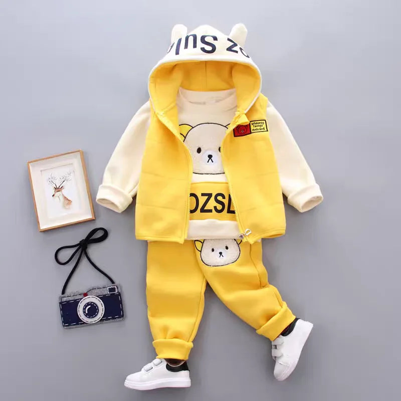 Boys Autumn Winter Suit Vest Top and Pants 3PCS Warm Cartoon Print Casual Wear with bear design in yellow and cream