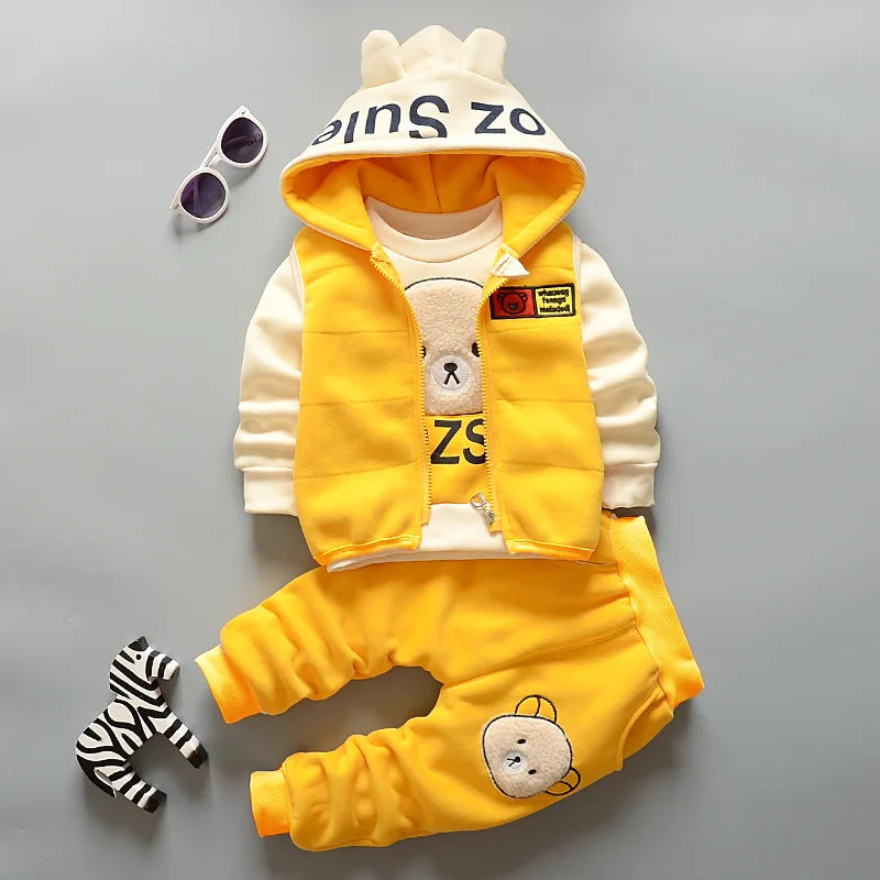 Boys Autumn Winter Suit Vest Top Pants 3PCS Warm Cartoon Print Casual Wear yellow set with bear design
