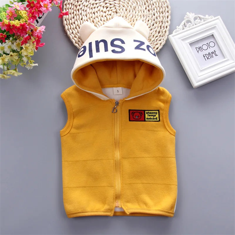 Boys Autumn Winter Suit Vest with Hooded Top in Yellow featuring Cartoon Print Casual Wear by Yamza Tots Closet