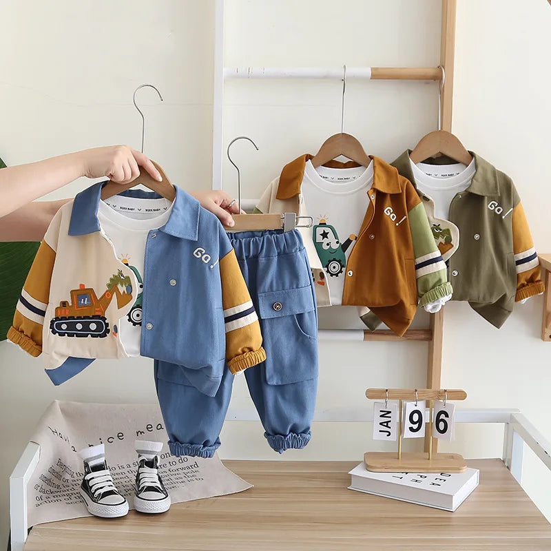 Boys Cartoon Excavator Jacket T-shirt and Pants Tracksuit Set for Autumn in blue brown and green colors displayed on hangers