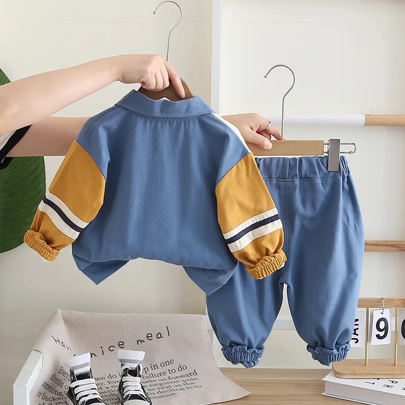 Boys Cartoon Excavator Jacket T-shirt and Pants Tracksuit Set for Autumn in blue and mustard colors