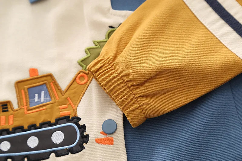 Boys Cartoon Excavator Jacket T-shirt and Pants Tracksuit Set for Autumn with yellow sleeve and excavator embroidery
