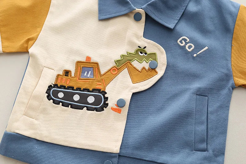 Boys Cartoon Excavator Jacket T-shirt and Pants Tracksuit Set for Autumn with colorful excavator design and Go embroidered text