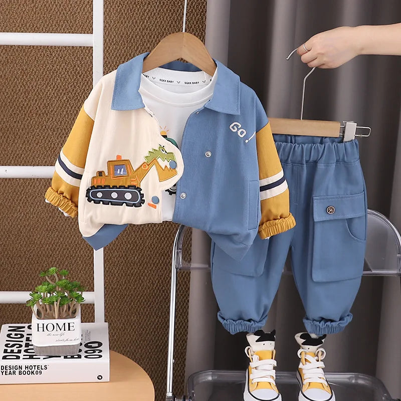 Boys Cartoon Excavator Jacket T-shirt and Pants Tracksuit Set for Autumn by Yamza Tots Closet with blue and yellow colors