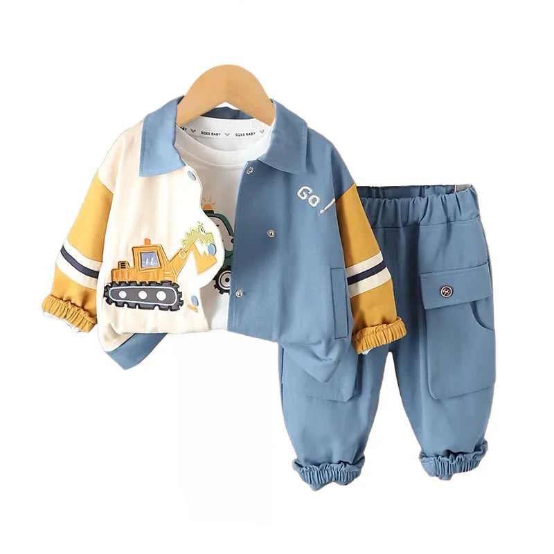 Boys Cartoon Excavator Jacket T-shirt and Pants Tracksuit Set for Autumn by Yamza Tots Closet in blue and yellow