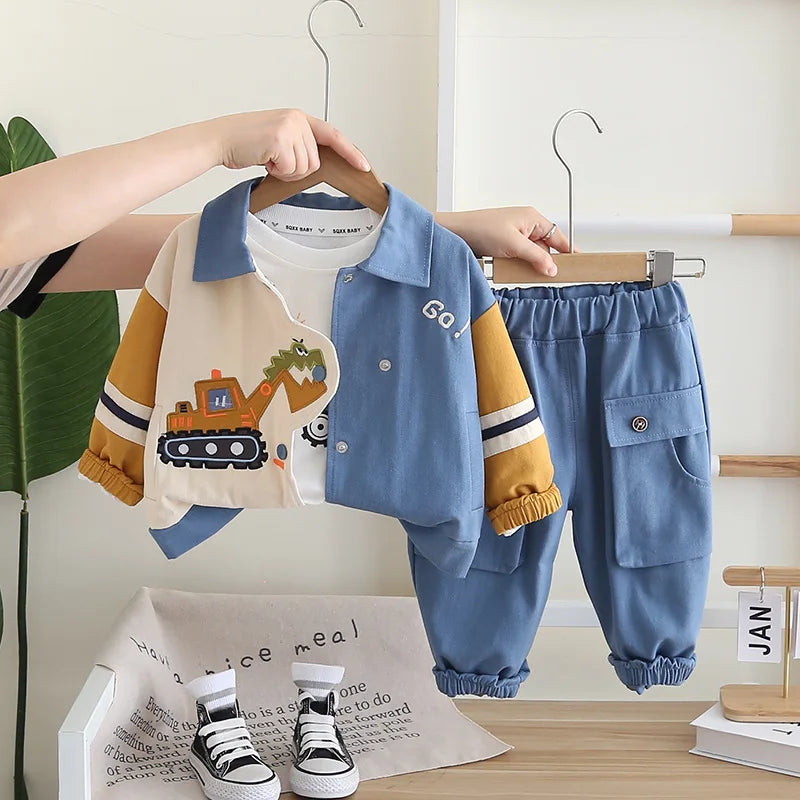 Boys Cartoon Excavator Jacket T-shirt and Pants Tracksuit Set for Autumn with blue and mustard colors by Yamza Tots' Closet