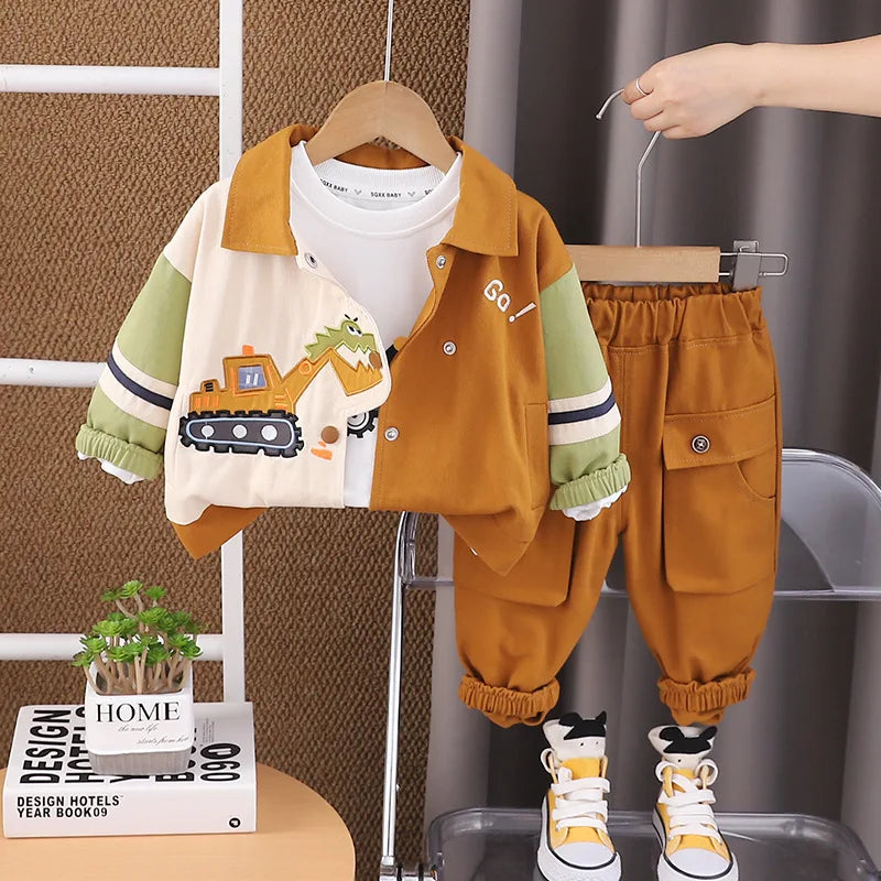 Boys Cartoon Excavator Jacket T-shirt and Pants Tracksuit Set for Autumn by Yamza Tots Closet