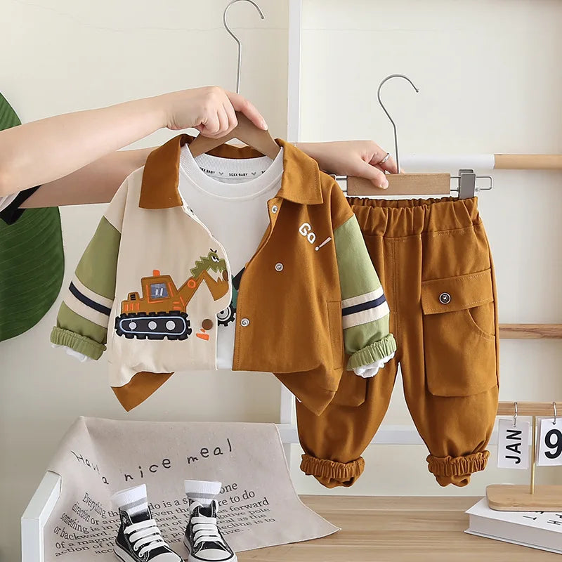Boys Cartoon Excavator Jacket T-shirt and Pants Tracksuit Set for Autumn by Yamza Tots' Closet in brown and beige with green sleeves