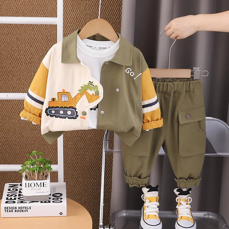 Boys Cartoon Excavator Jacket T-shirt and Pants Tracksuit Set for Autumn by Yamza Tots' Closet