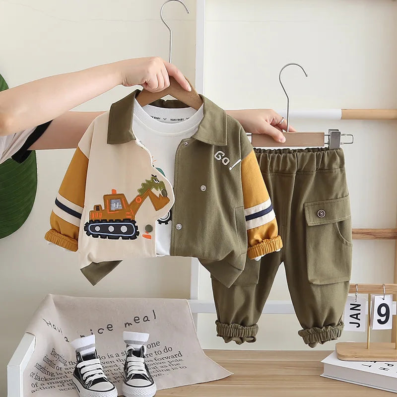 Boys Cartoon Excavator Jacket T-shirt and Pants Tracksuit Set for Autumn by Yamza Tots' Closet in green and beige