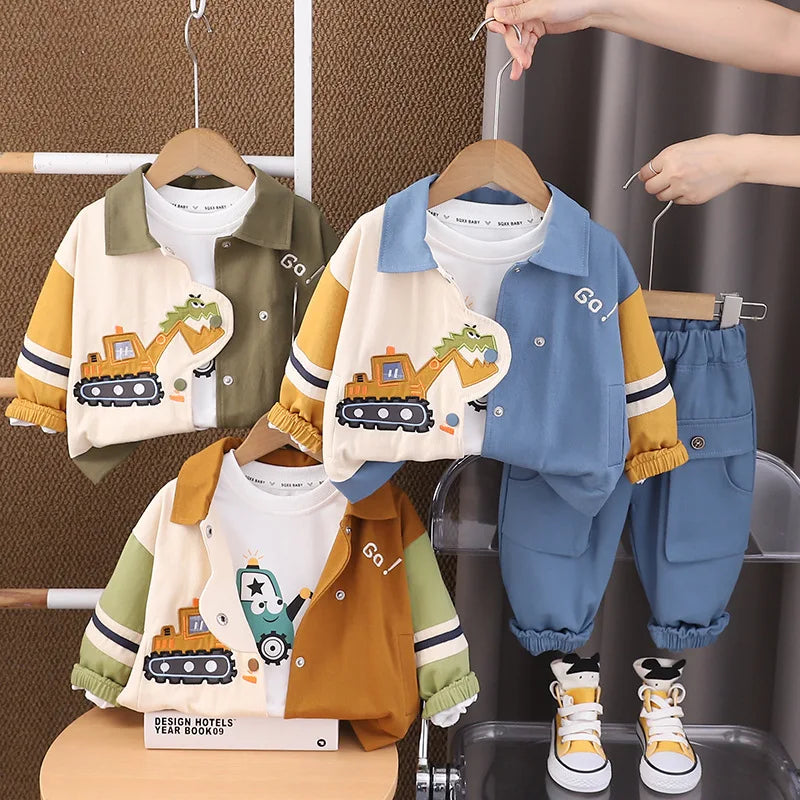 Boys Cartoon Excavator Jacket T-shirt and Pants Tracksuit Set for Autumn in green, blue, and brown with construction vehicle designs