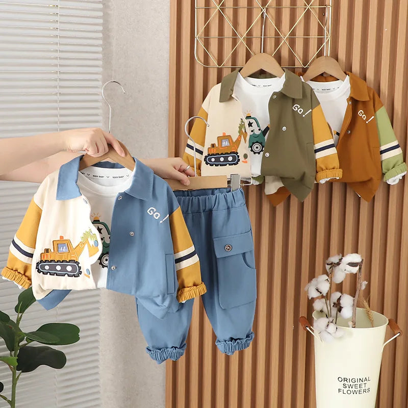 Boys Cartoon Excavator Jacket T-shirt and Pants Tracksuit Set for Autumn in blue green and brown colors
