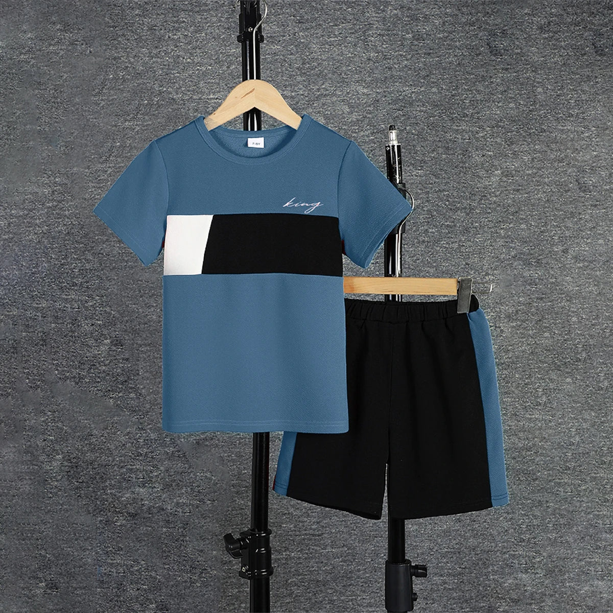 Boys Casual 2pcs Color block Short Sleeve T-shirt and Shorts Set in blue black and white by Yamza Tots Closet