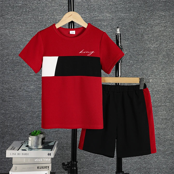 Boys Casual 2pcs Color block Short Sleeve T-shirt and Shorts Set by Yamza Tots Closet in red, black, and white
