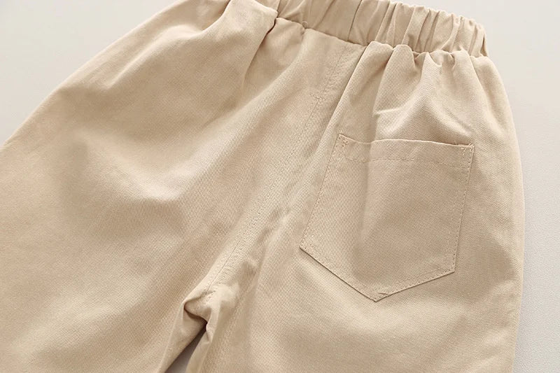 Beige cargo pants with elastic waistband and back pocket from Boys' Casual Fashion Set Long Sleeve Shirt & Cargo Pants Trendy Daily Wear