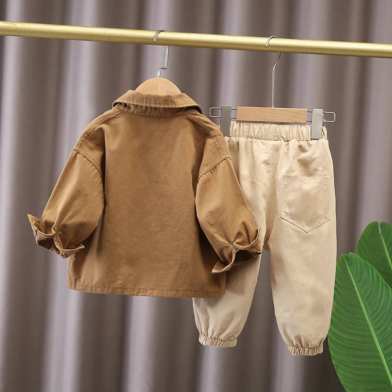 Boys' Casual Fashion Set Long Sleeve Shirt and Cargo Pants by Yamza Tots' Closet in beige and brown tones