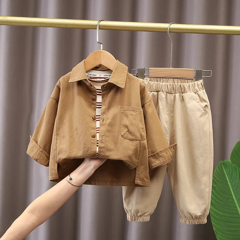 Boys Casual Fashion Set Long Sleeve Shirt and Cargo Pants trendy daily wear in brown and beige