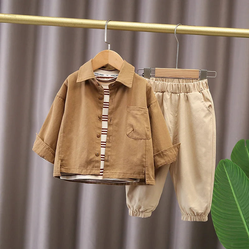 Boys' Casual Fashion Set Long Sleeve Shirt and Cargo Pants trendy daily wear in brown and beige