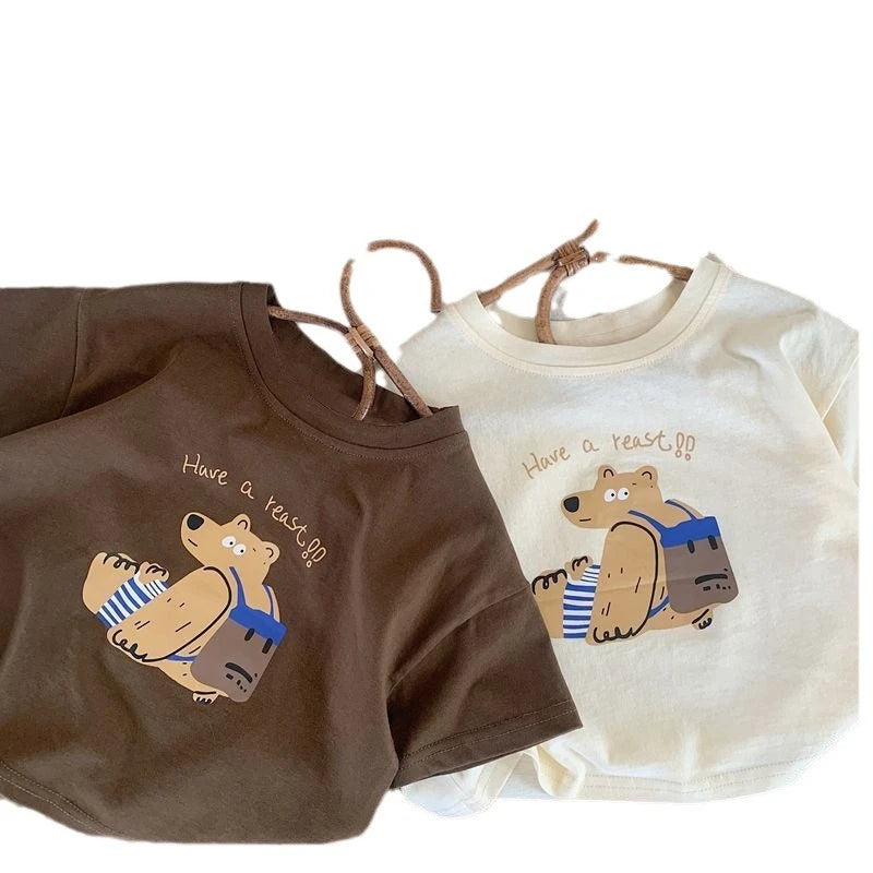 Boys Casual Loose O-Neck Short Sleeve T-Shirt with Printed Bear Summer Wear in brown and cream colors